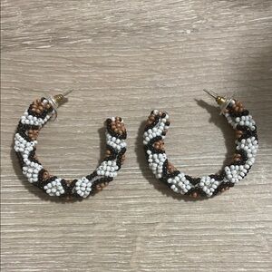 Chunky Beaded Hoop Earrings - Black, White, and Brown